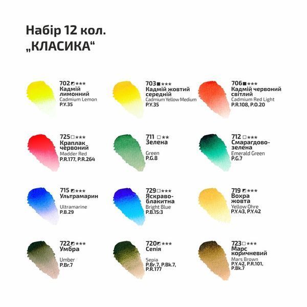 Набір акварельних фарб Classic 12 кольорів Rosa Gallery, 340012 5034 фото