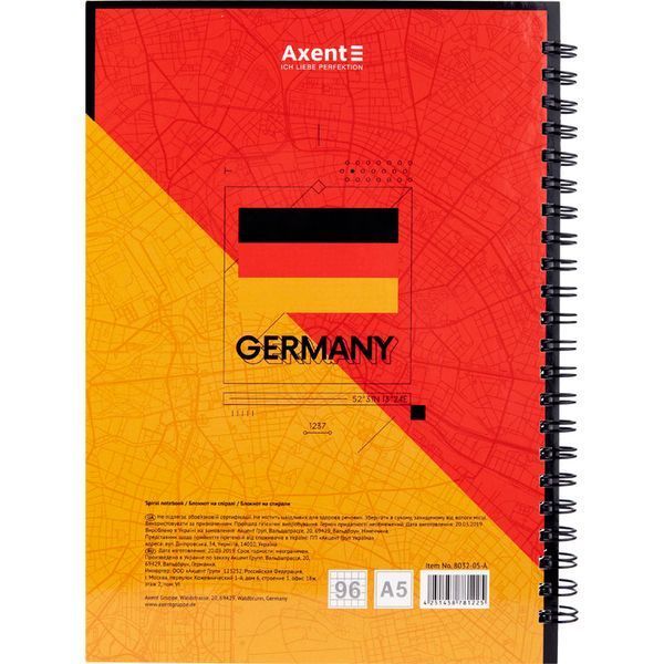 Блокнот А5 Berlin на спіралі 96 аркушів клітинка тверда обкладинка Axent 8032-05-A, 42933 166 фото