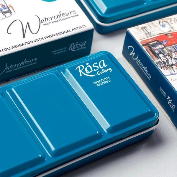 Набір акварельних фарб Urban Sketching 12 кольорів бірюзовий металевий пенал Rosa Gallery, 3403412 2420 фото