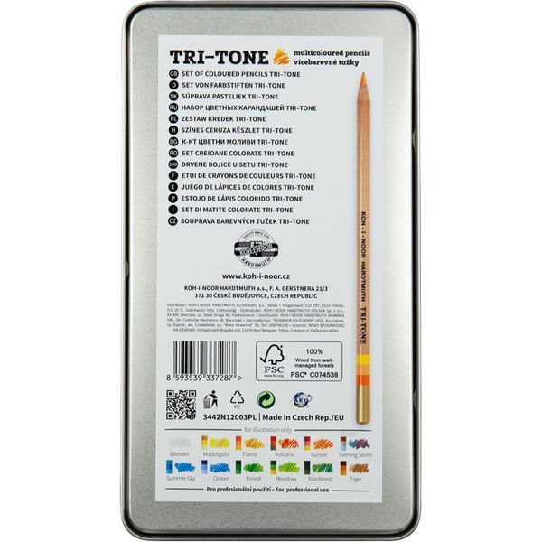 Карандаши цветные с многоцветным грифелем Koh-i-noor TRI-TONE 12 карандашей металлический пенал, 45596 3271 фото